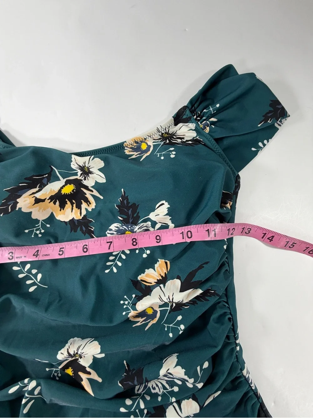 Cupshe Teal Floral Off Shoulder Ruched Tummy Control Swimsuit S